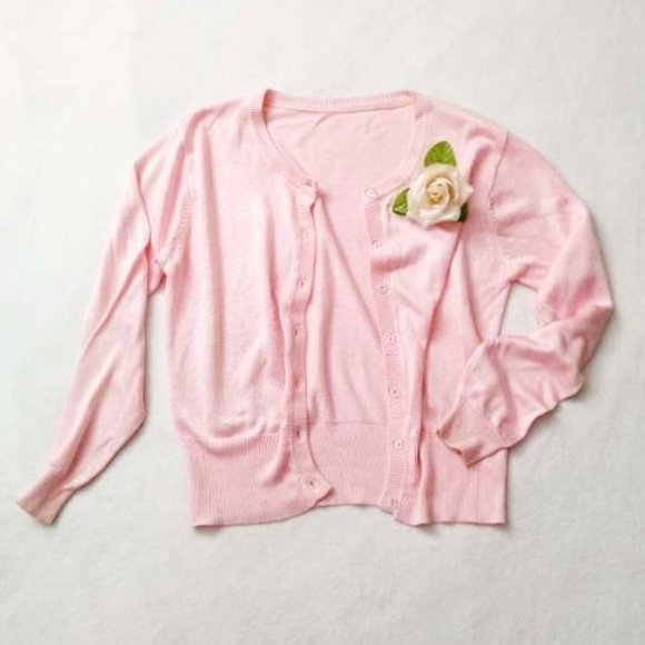 Rayon Blend Light Pink Cardigan Clear Button Up Round Neck Long Sleeves Sheen M - Picture 5 of 13
